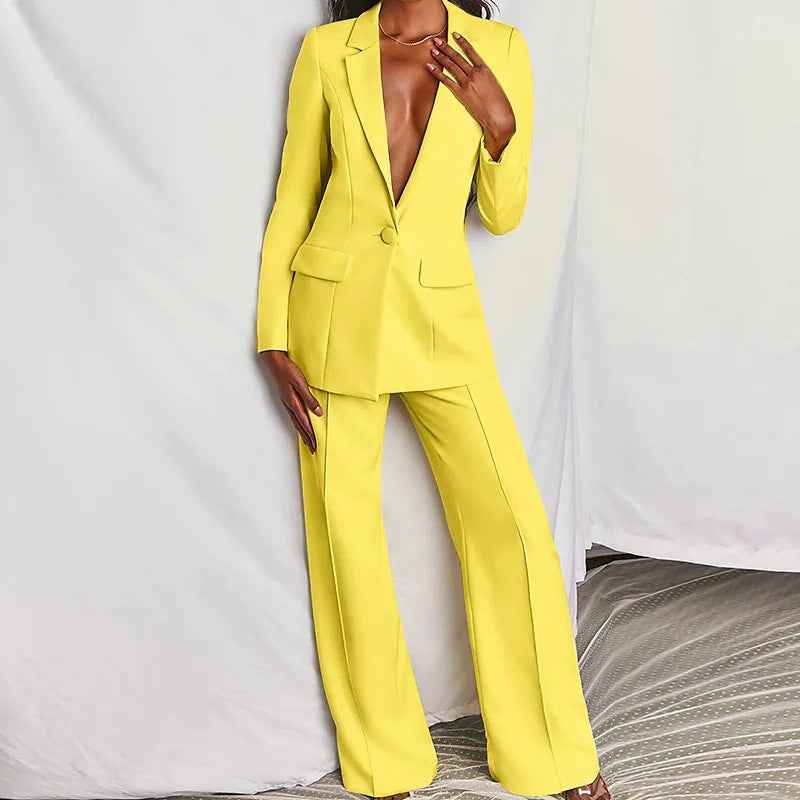 Women's Business Suit Set – Lapel Button-Down Blazer and Straight Leg Trousers