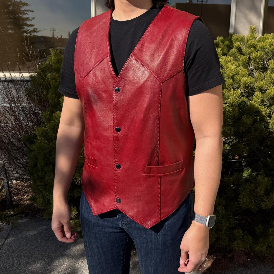 Men's Sheep Leather Vest. Snap Closure & Front Pockets