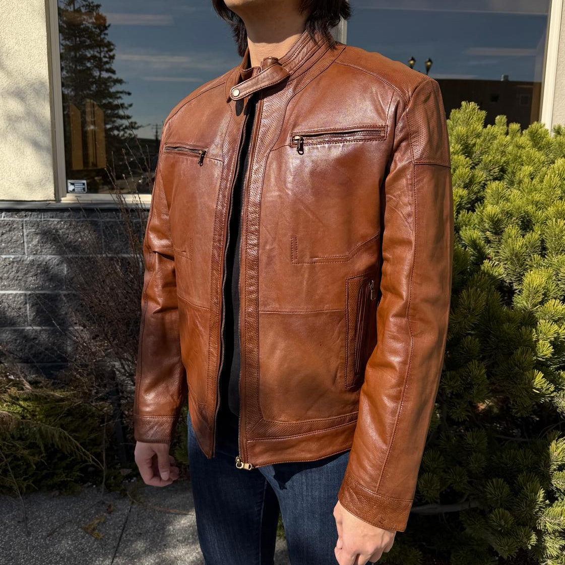 BOL Men’s Snap Collar Leather Racer Jacket. Genuine Sheep Leather Cafe Racer with 4 Zip Pockets