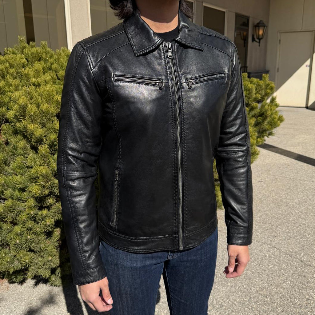 BOL Men’s Zip Pocket Leather Jacket. Sheep Leather Jacket with Fold-Down Collar