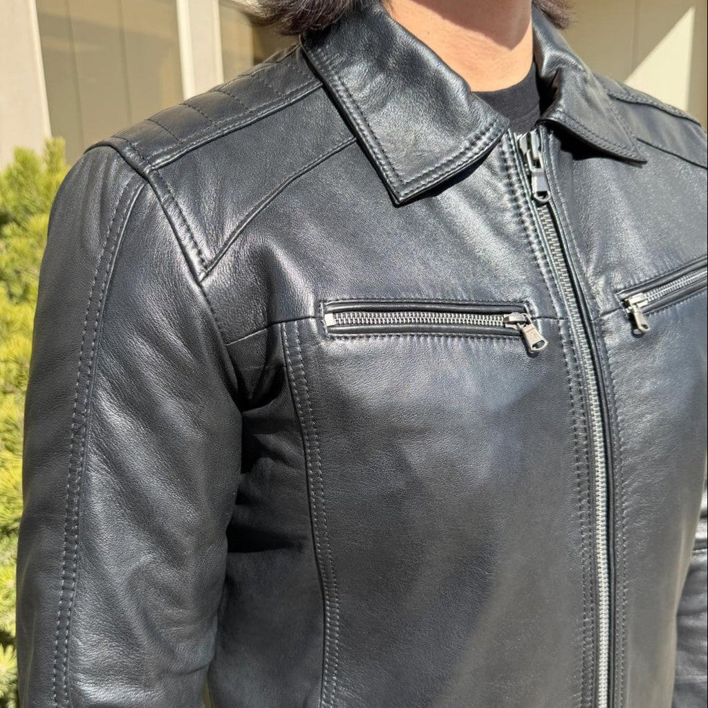 BOL Men’s Zip Pocket Leather Jacket. Sheep Leather Jacket with Fold-Down Collar