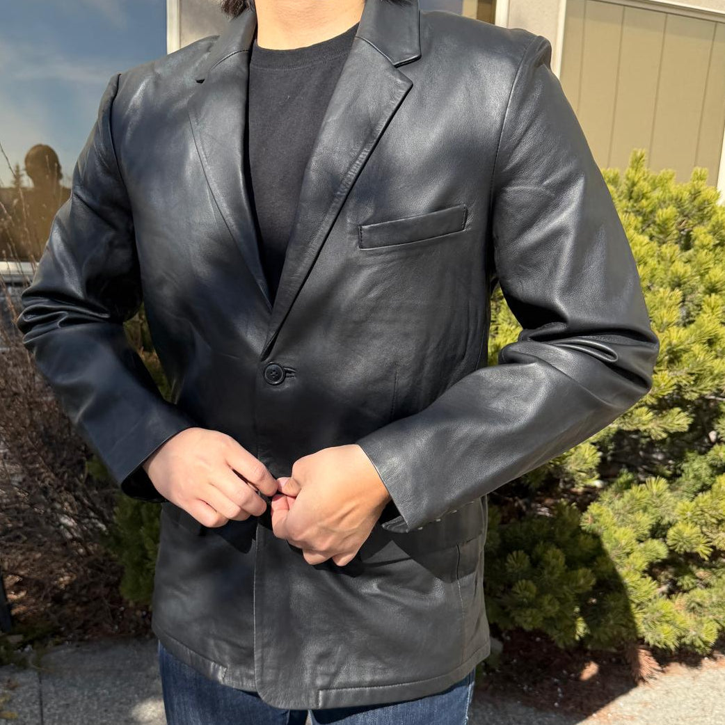 BOL Men’s Black Leather Blazer. Premium Lambskin Leather Two-Button Notch Lapel Jacket
