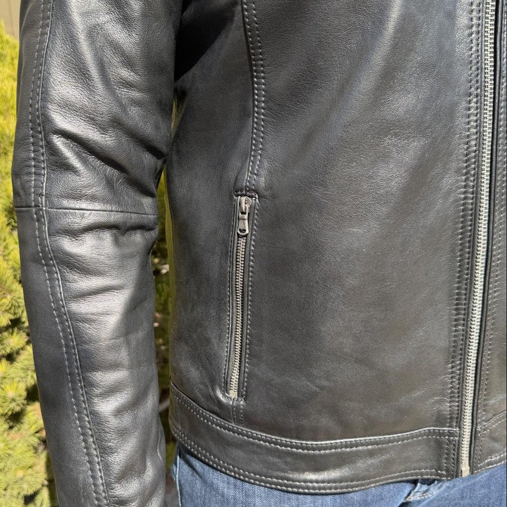 BOL Men’s Zip Pocket Leather Jacket. Sheep Leather Jacket with Fold-Down Collar