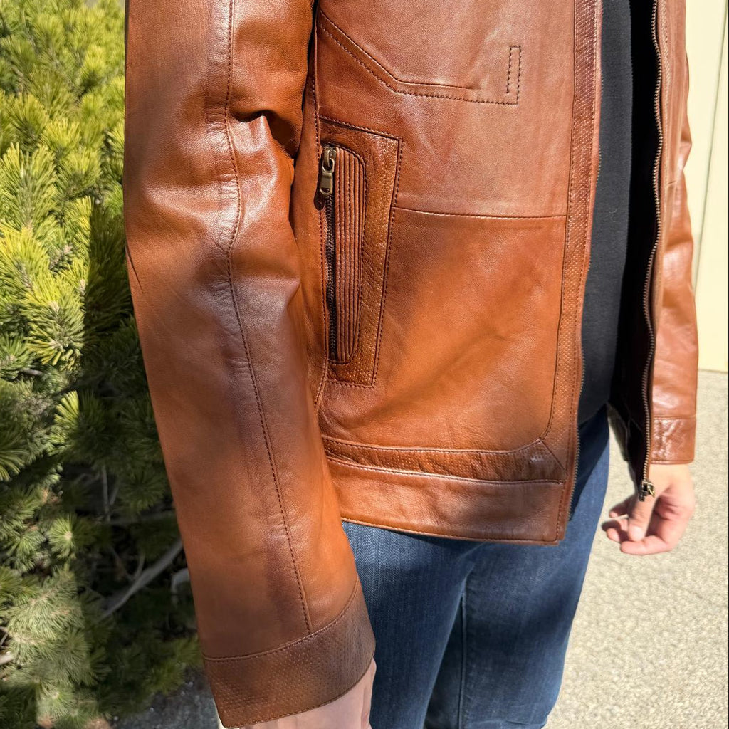 BOL Men’s Snap Collar Leather Racer Jacket. Genuine Sheep Leather Cafe Racer with 4 Zip Pockets