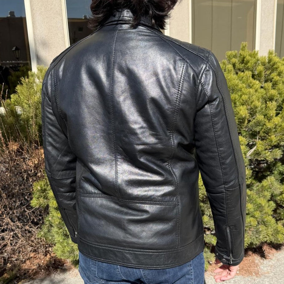 BOL Men’s Zip Pocket Leather Jacket. Sheep Leather Jacket with Fold-Down Collar