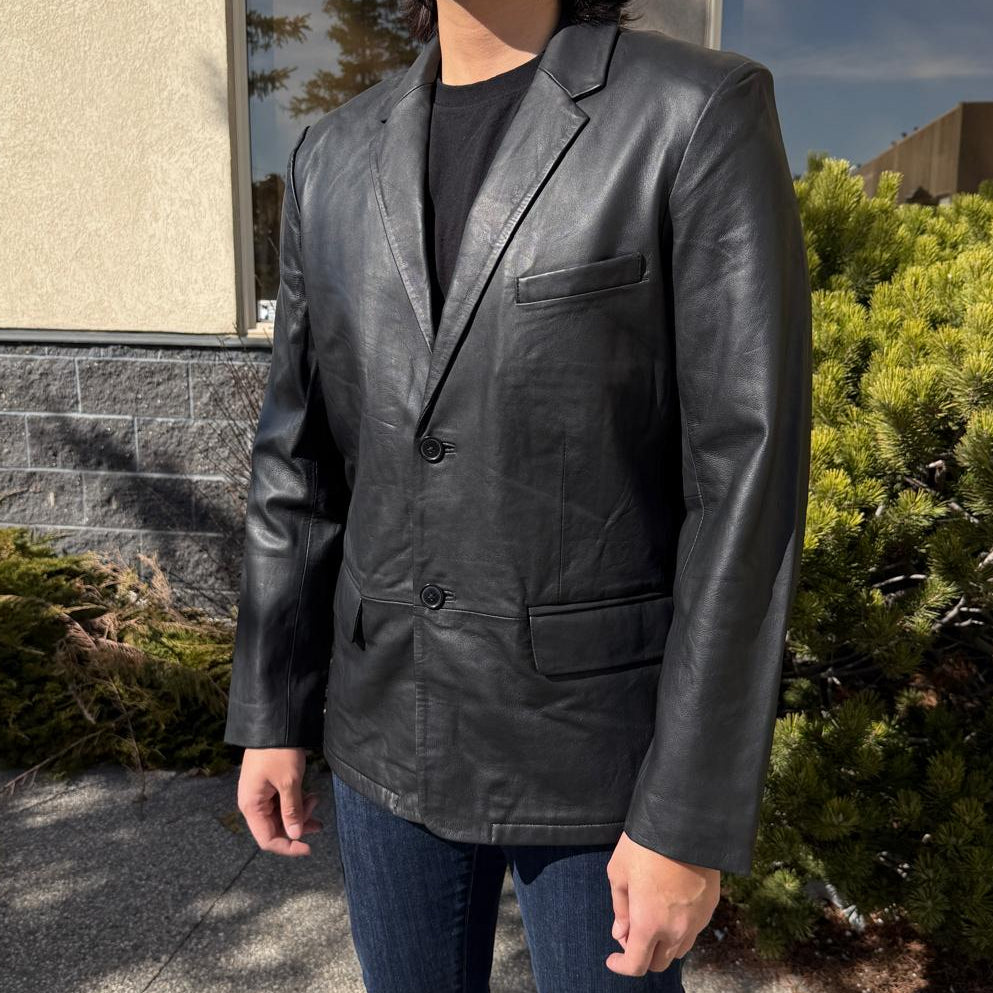 BOL Men’s Black Leather Blazer. Premium Lambskin Leather Two-Button Notch Lapel Jacket
