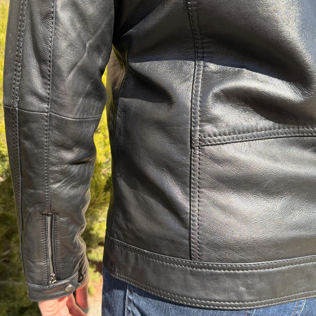BOL Men’s Zip Pocket Leather Jacket. Sheep Leather Jacket with Fold-Down Collar