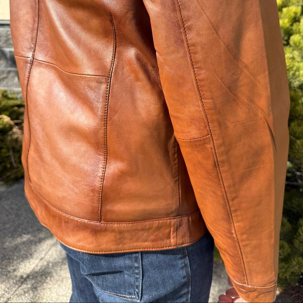 BOL Men’s Snap Collar Leather Racer Jacket. Genuine Sheep Leather Cafe Racer with 4 Zip Pockets