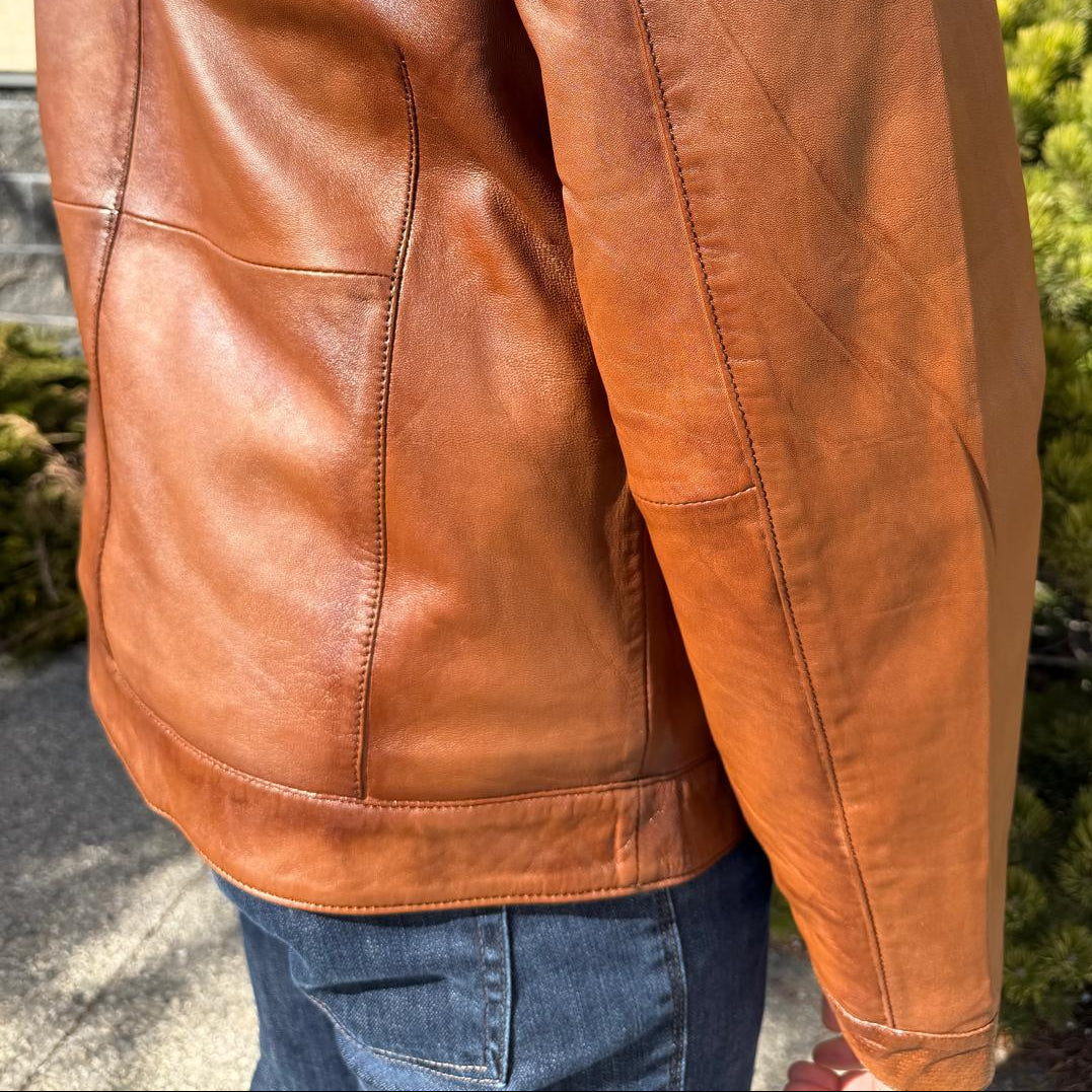 BOL Men’s Snap Collar Leather Racer Jacket. Genuine Sheep Leather Cafe Racer with 4 Zip Pockets