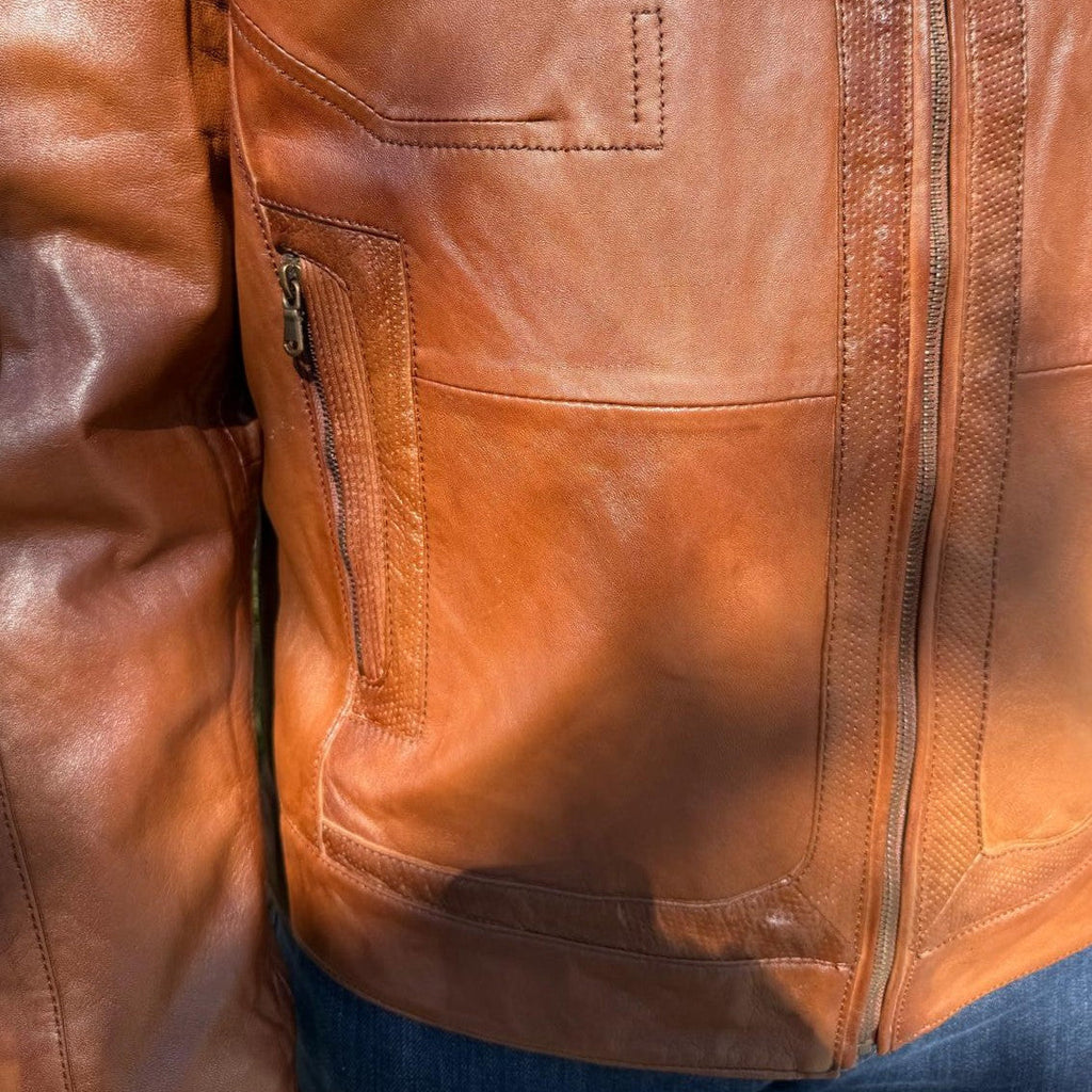 BOL Men’s Snap Collar Leather Racer Jacket. Genuine Sheep Leather Cafe Racer with 4 Zip Pockets