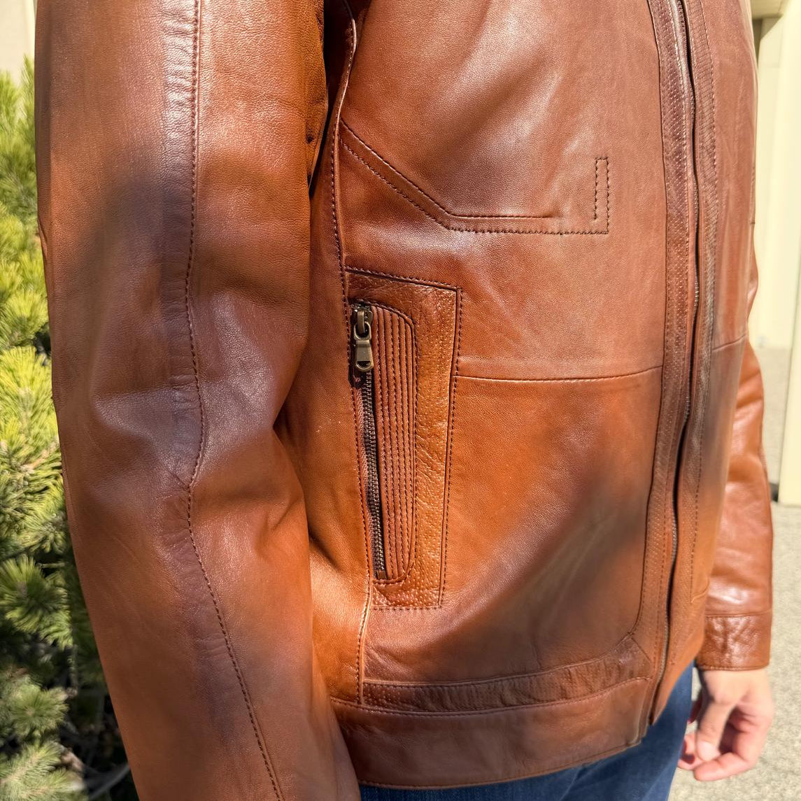BOL Men’s Snap Collar Leather Racer Jacket. Genuine Sheep Leather Cafe Racer with 4 Zip Pockets