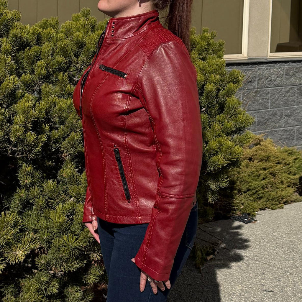 Women's Classic Sheep Leather Jacket. Standing Collar with Studs, 4 Zippered Pockets & Shoulder Accent Stitching