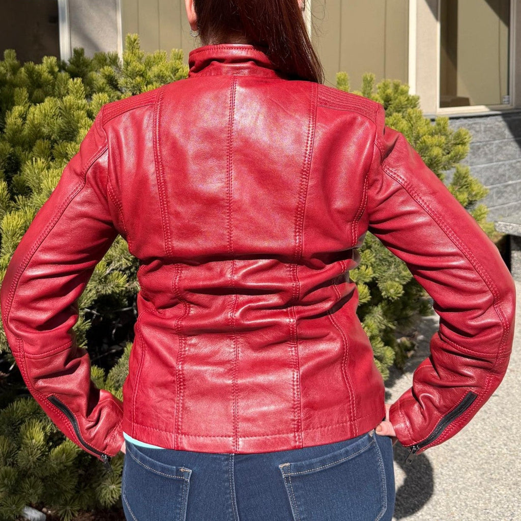 Women's Classic Sheep Leather Jacket. Standing Collar with Studs, 4 Zippered Pockets & Shoulder Accent Stitching
