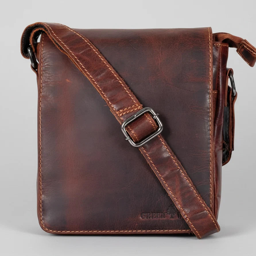 Greenwood Leather Mini-Messenger Bag. Wax Pull-Up Leather Flap Over Bag
