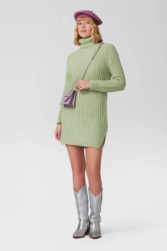 Turtleneck Knit Jumper Mini Dress with Side Slits - Mint