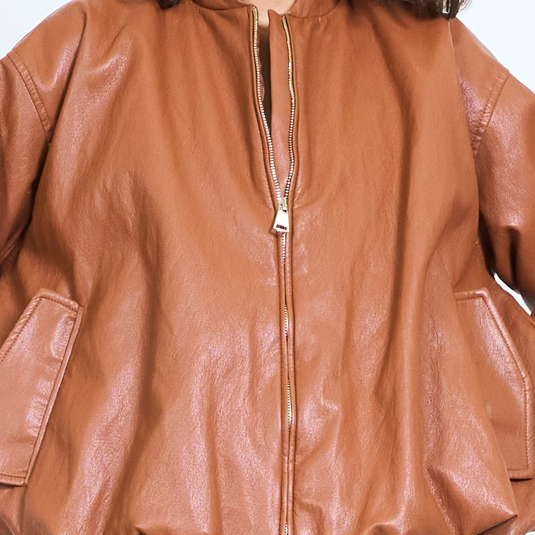 Faux-leather bomber jacket with lace sleeve panels