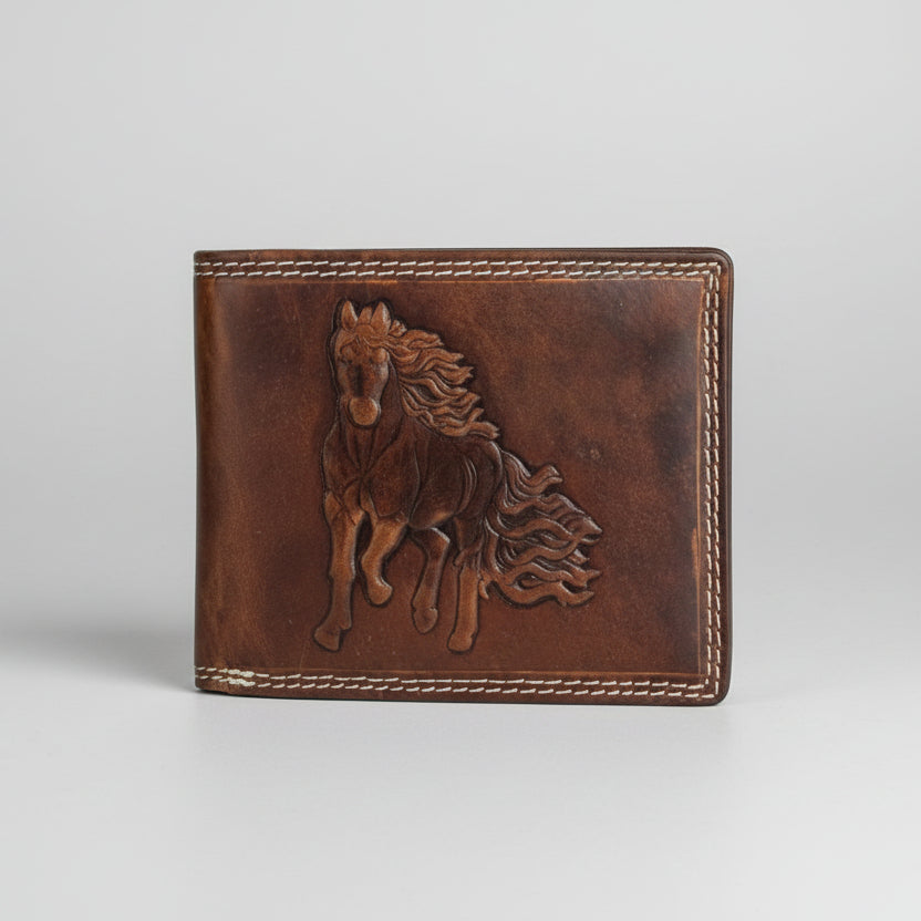 Men’s Genuine Cow Leather Bifold Wallet. Embossed Horse Design with RFID Protection