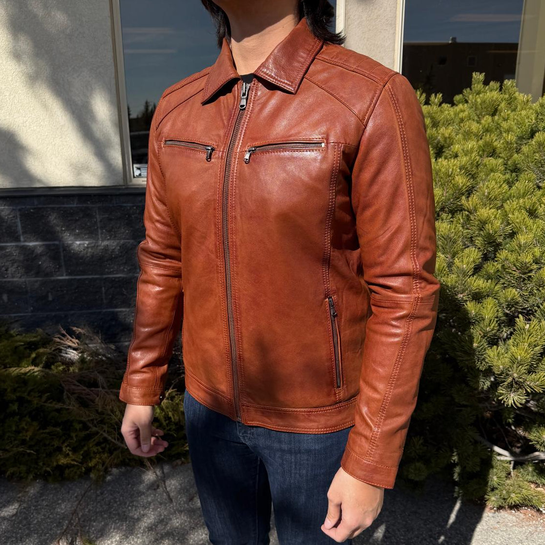 BOL Men’s Zip Pocket Leather Jacket. Sheep Leather Jacket with Fold-Down Collar