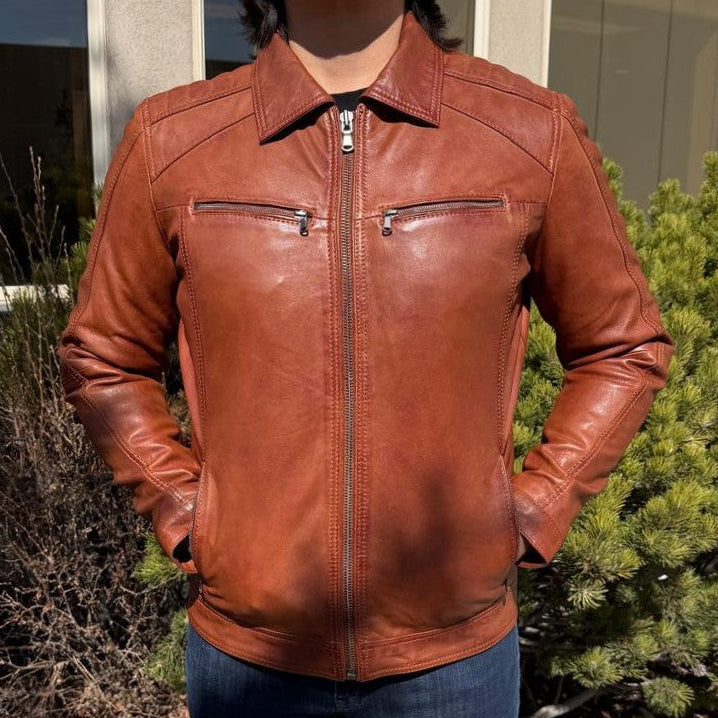BOL Men’s Zip Pocket Leather Jacket. Sheep Leather Jacket with Fold-Down Collar