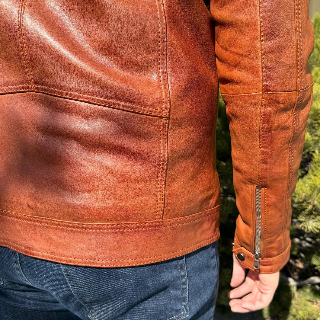 BOL Men’s Zip Pocket Leather Jacket. Sheep Leather Jacket with Fold-Down Collar