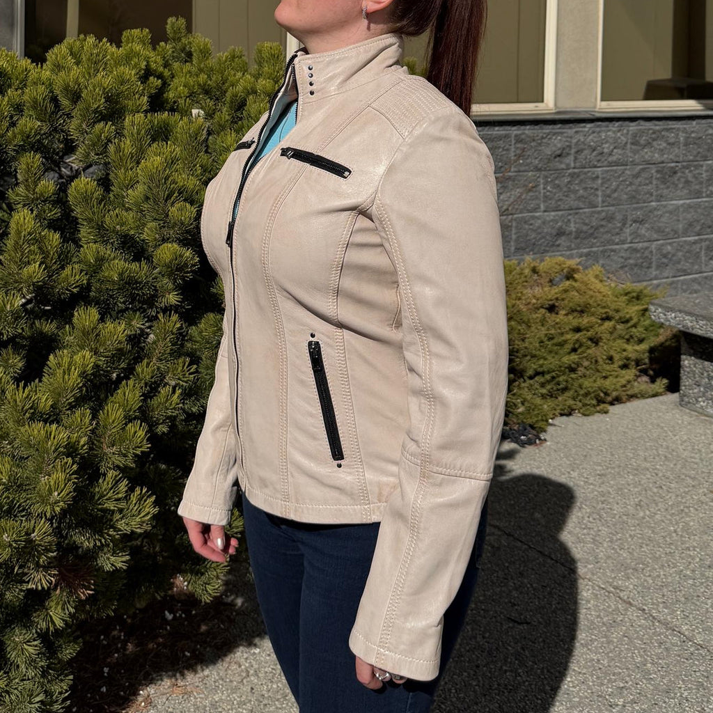 Women's Classic Sheep Leather Jacket. Standing Collar with Studs, 4 Zippered Pockets & Shoulder Accent Stitching