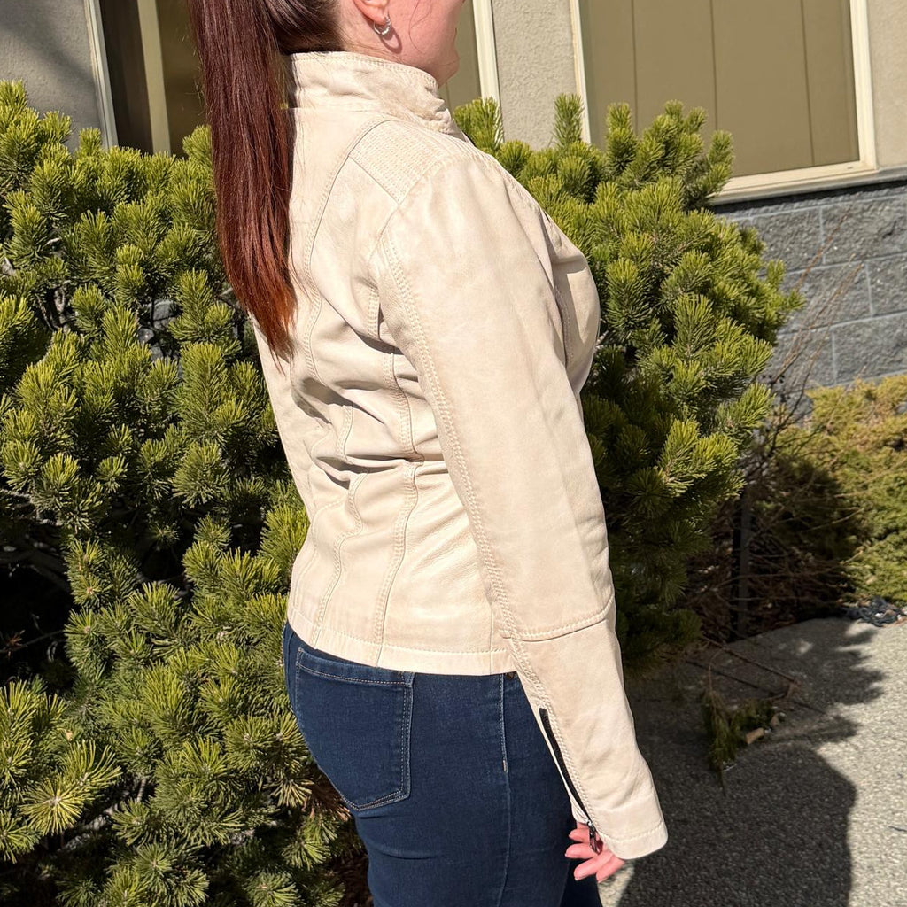 Women's Classic Sheep Leather Jacket. Standing Collar with Studs, 4 Zippered Pockets & Shoulder Accent Stitching