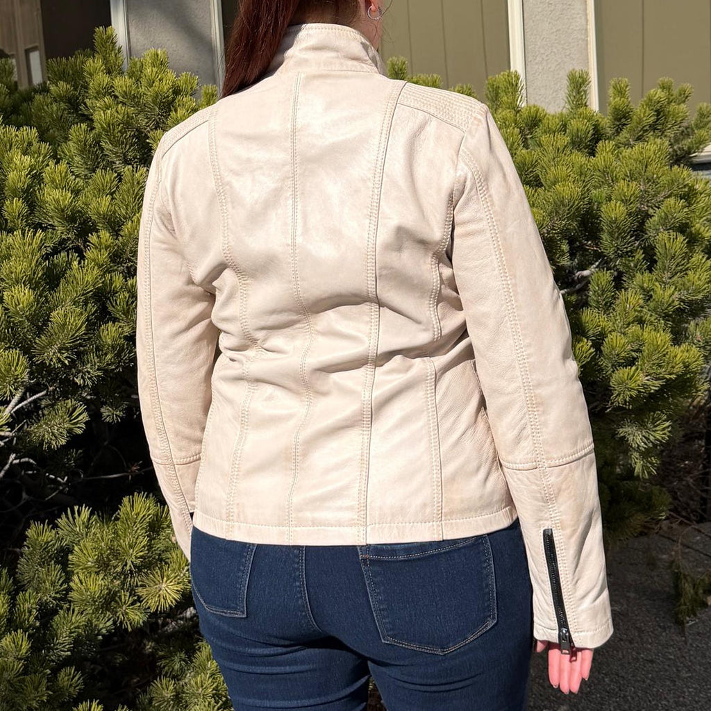 Women's Classic Sheep Leather Jacket. Standing Collar with Studs, 4 Zippered Pockets & Shoulder Accent Stitching