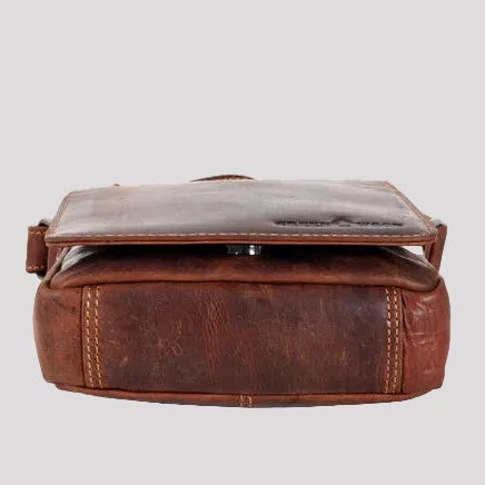 Greenwood Leather Mini-Messenger Bag. Wax Pull-Up Leather Flap Over Bag