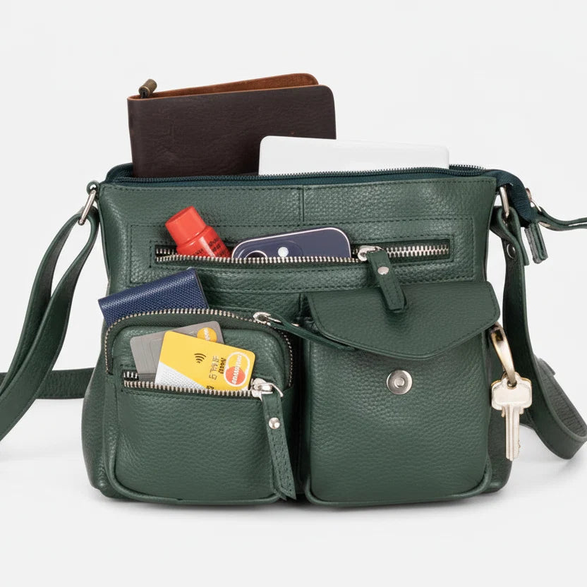 Greenwood Leather Multi-Pocket Crossbody Bag. Premium Pebbled Leather Handbag