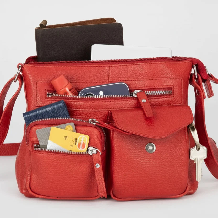 Greenwood Leather Multi-Pocket Crossbody Bag. Premium Pebbled Leather Handbag