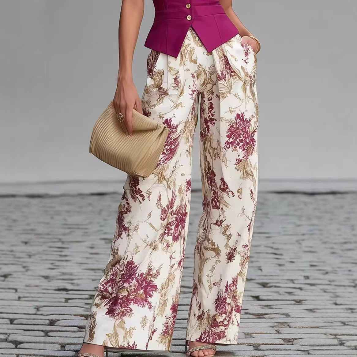 P Buttoned Vest Top And Summer Slimming Wide-leg Pants Two-piece Set For Women