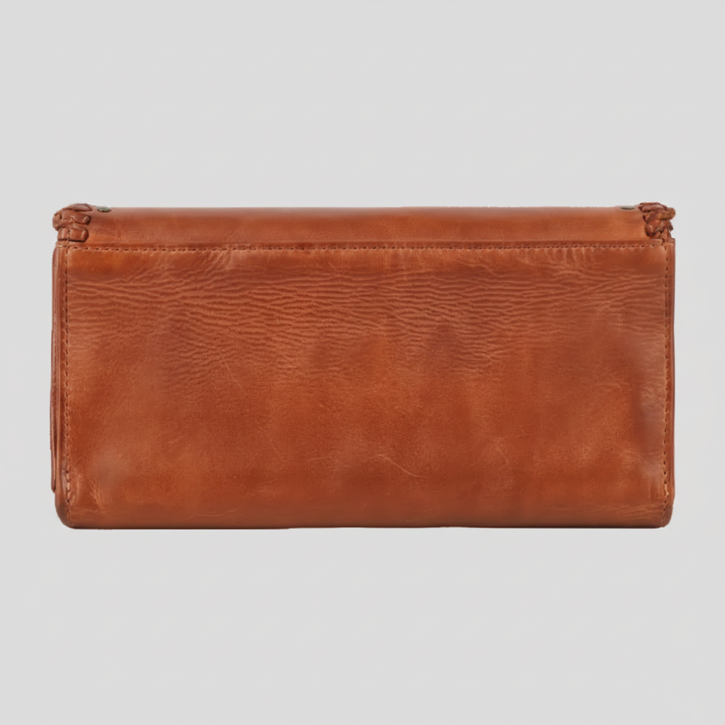 MET Women’s Leather Wallet. Tri-Fold Clutch Organizer with Studded and Whipstitch Detail