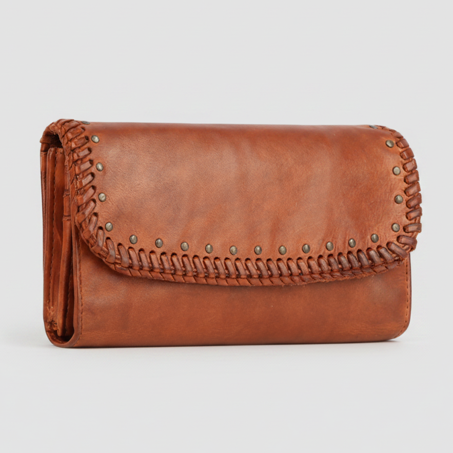 MET Women’s Leather Wallet. Tri-Fold Clutch Organizer with Studded and Whipstitch Detail
