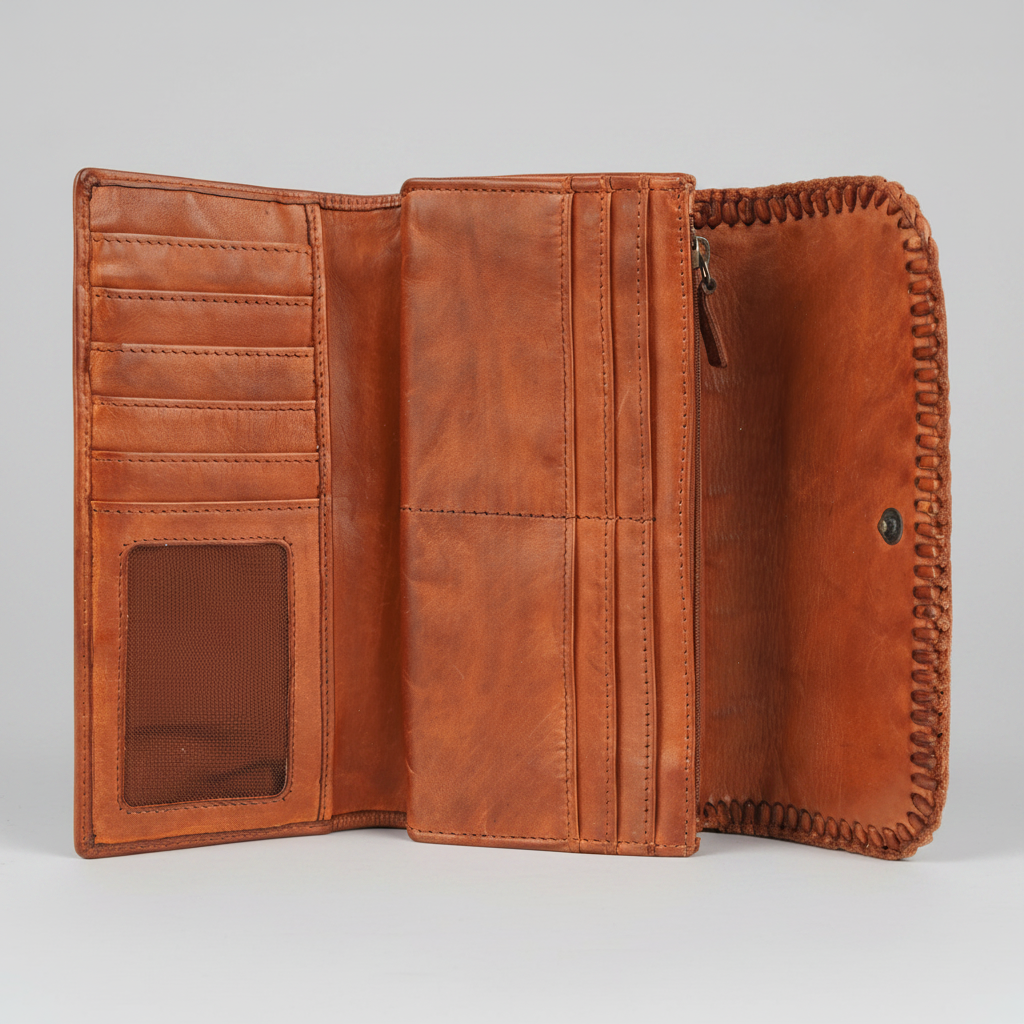 MET Women’s Leather Wallet. Tri-Fold Clutch Organizer with Studded and Whipstitch Detail