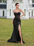 Black Satin Corset Gown with Lace Bodice and High Slit – Elegant Evening Dress