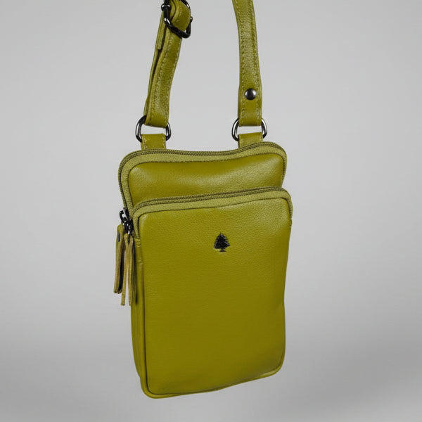 Greenwood Leather Compact Mini Crossbody. Slim Full-Grain Leather Phone Bag & Travel Organizer
