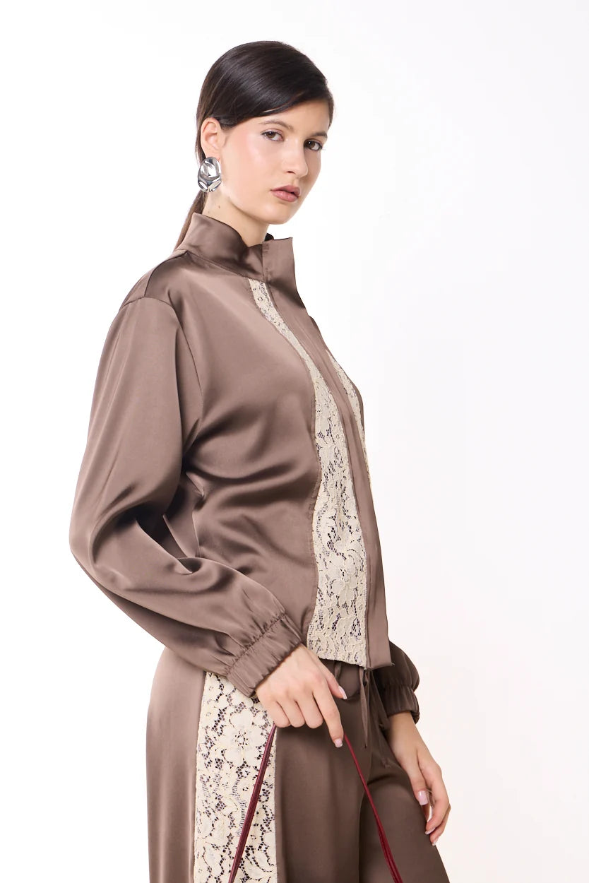Lace panel satin tie neck blouse