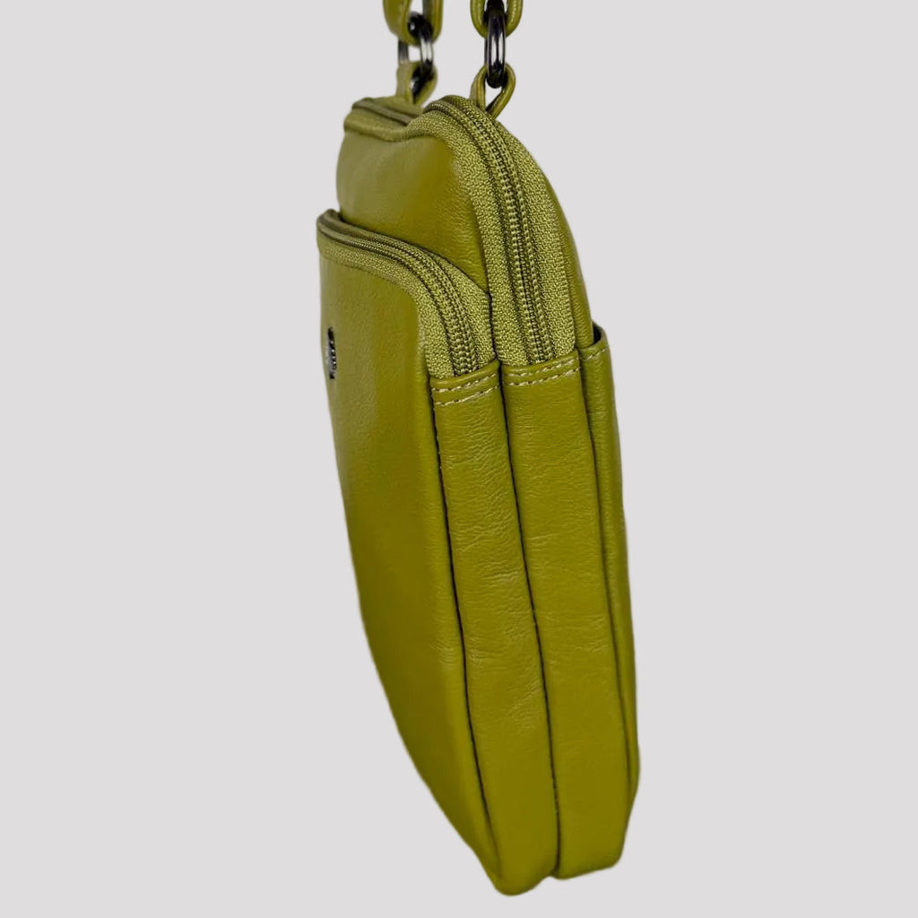 Greenwood Leather Compact Mini Crossbody. Slim Full-Grain Leather Phone Bag & Travel Organizer