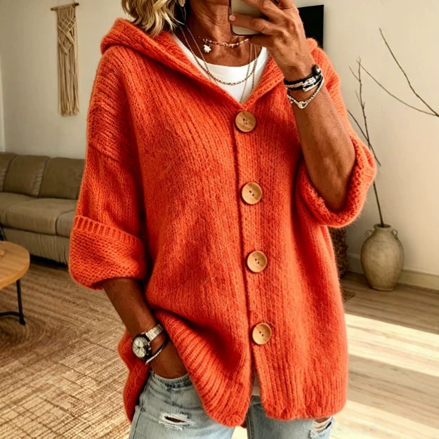 Women's Solid-Color Hooded Button-Down Cardigan Sweater