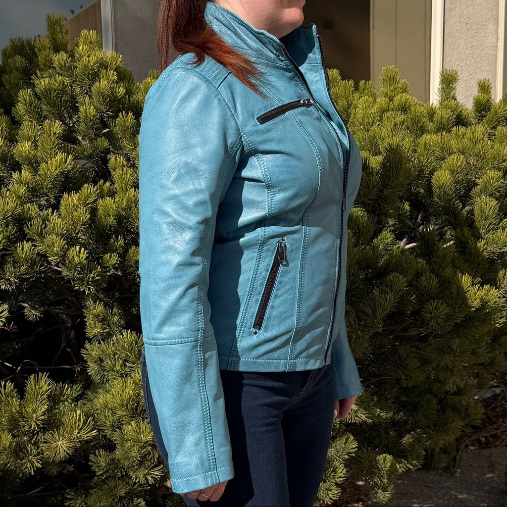 Women's Classic Sheep Leather Jacket. Standing Collar with Studs, 4 Zippered Pockets & Shoulder Accent Stitching