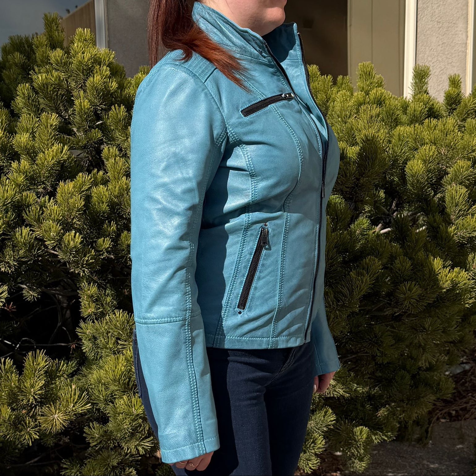 Women's Classic Sheep Leather Jacket. Standing Collar with Studs, 4 Zippered Pockets & Shoulder Accent Stitching