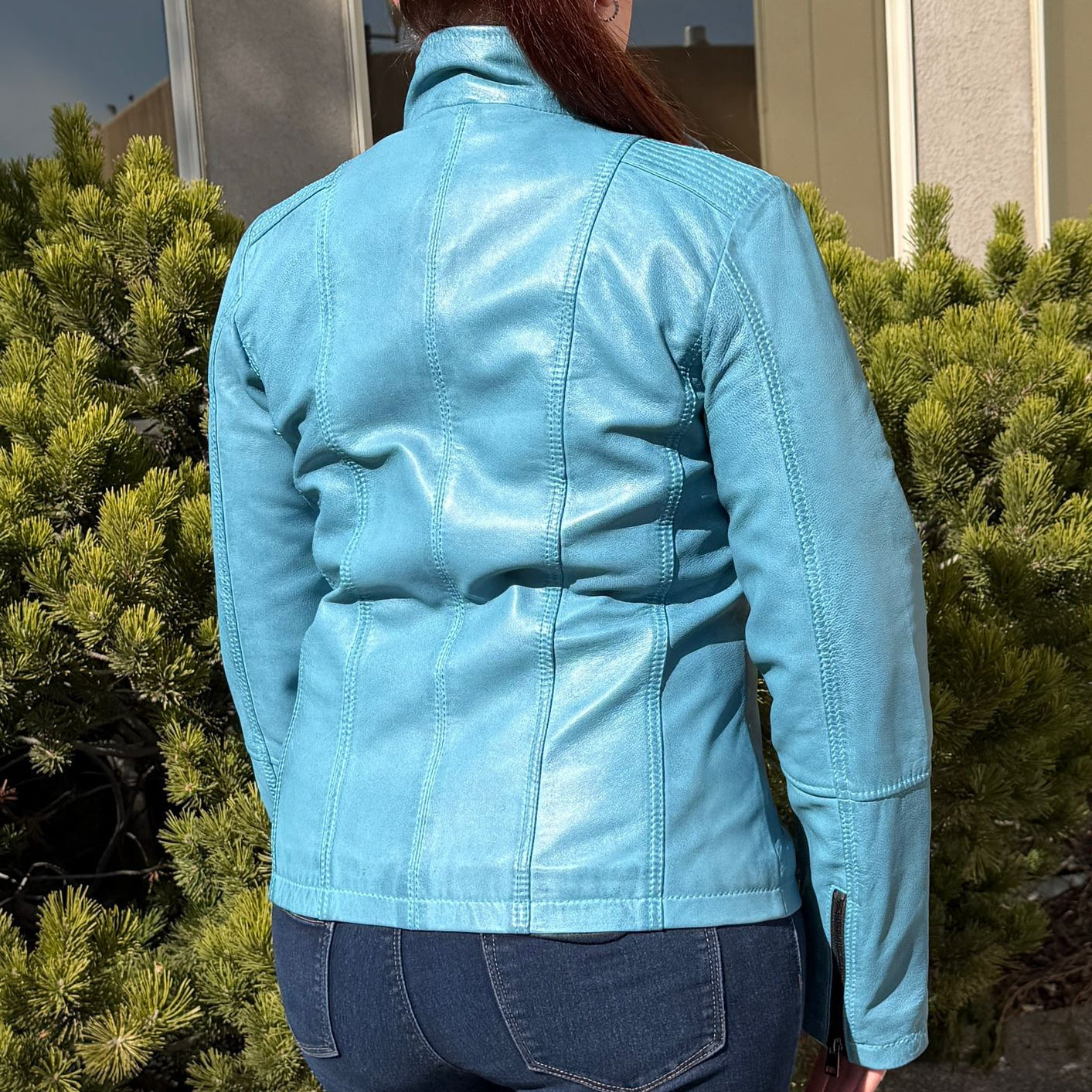 Women's Classic Sheep Leather Jacket. Standing Collar with Studs, 4 Zippered Pockets & Shoulder Accent Stitching