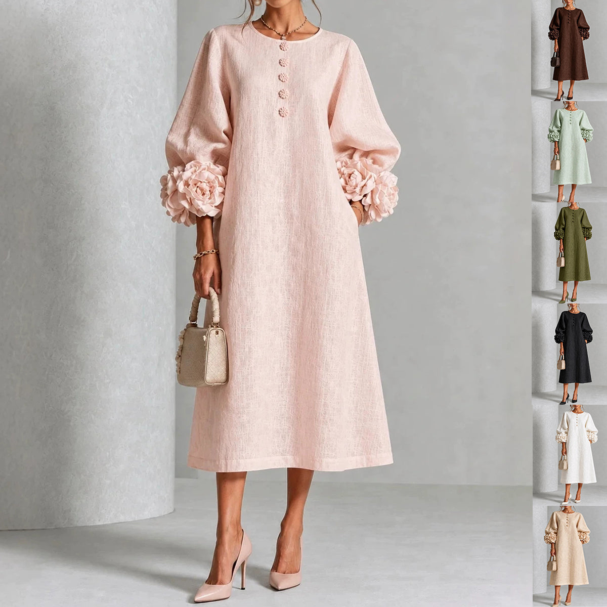 Women’s 3D Floral A-Line Dress – Puff Sleeve French-Style Party & Wedding Dress