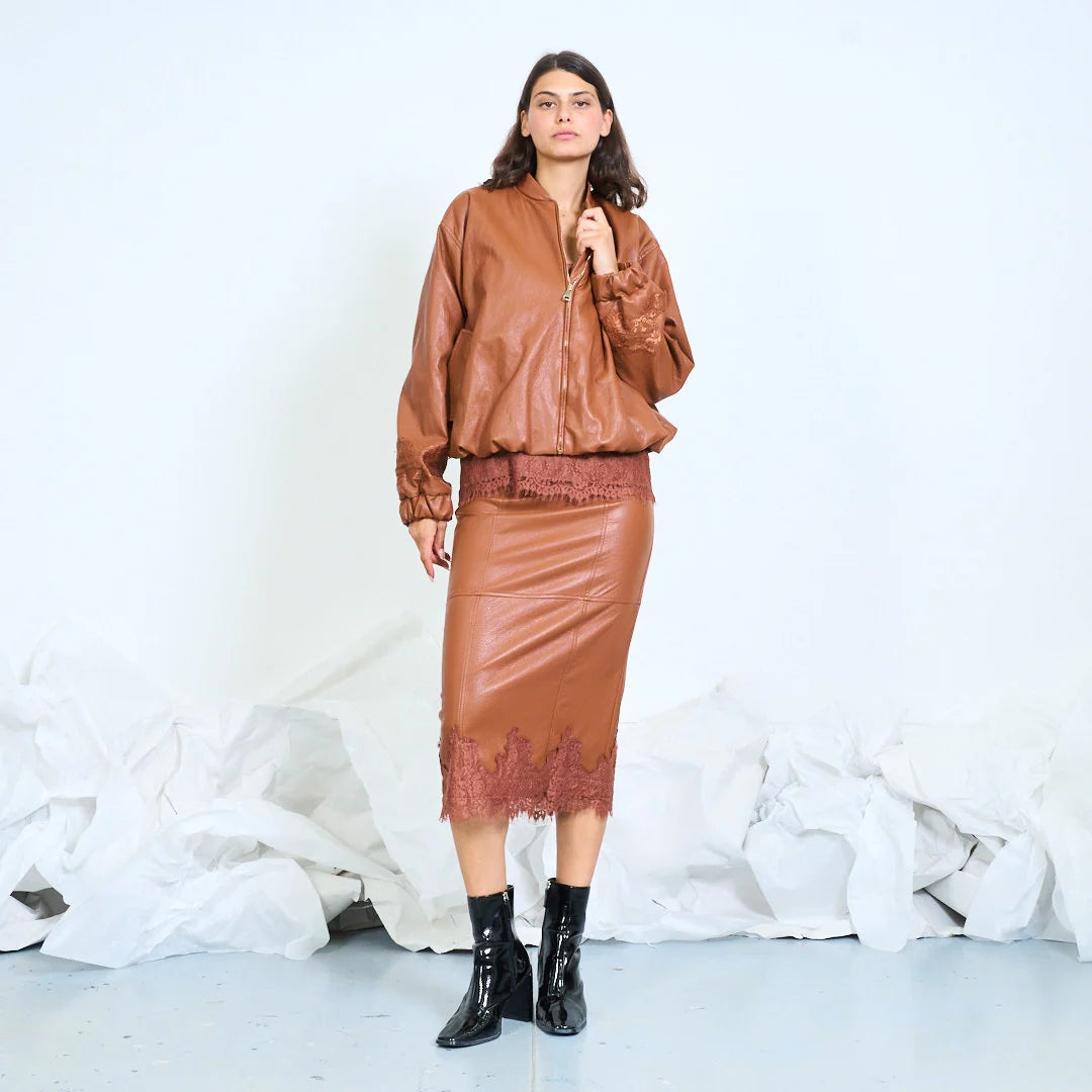 Faux-leather bomber jacket with lace sleeve panels