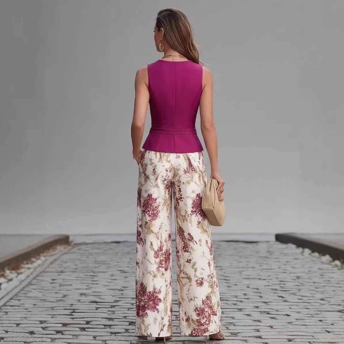 P Buttoned Vest Top And Summer Slimming Wide-leg Pants Two-piece Set For Women