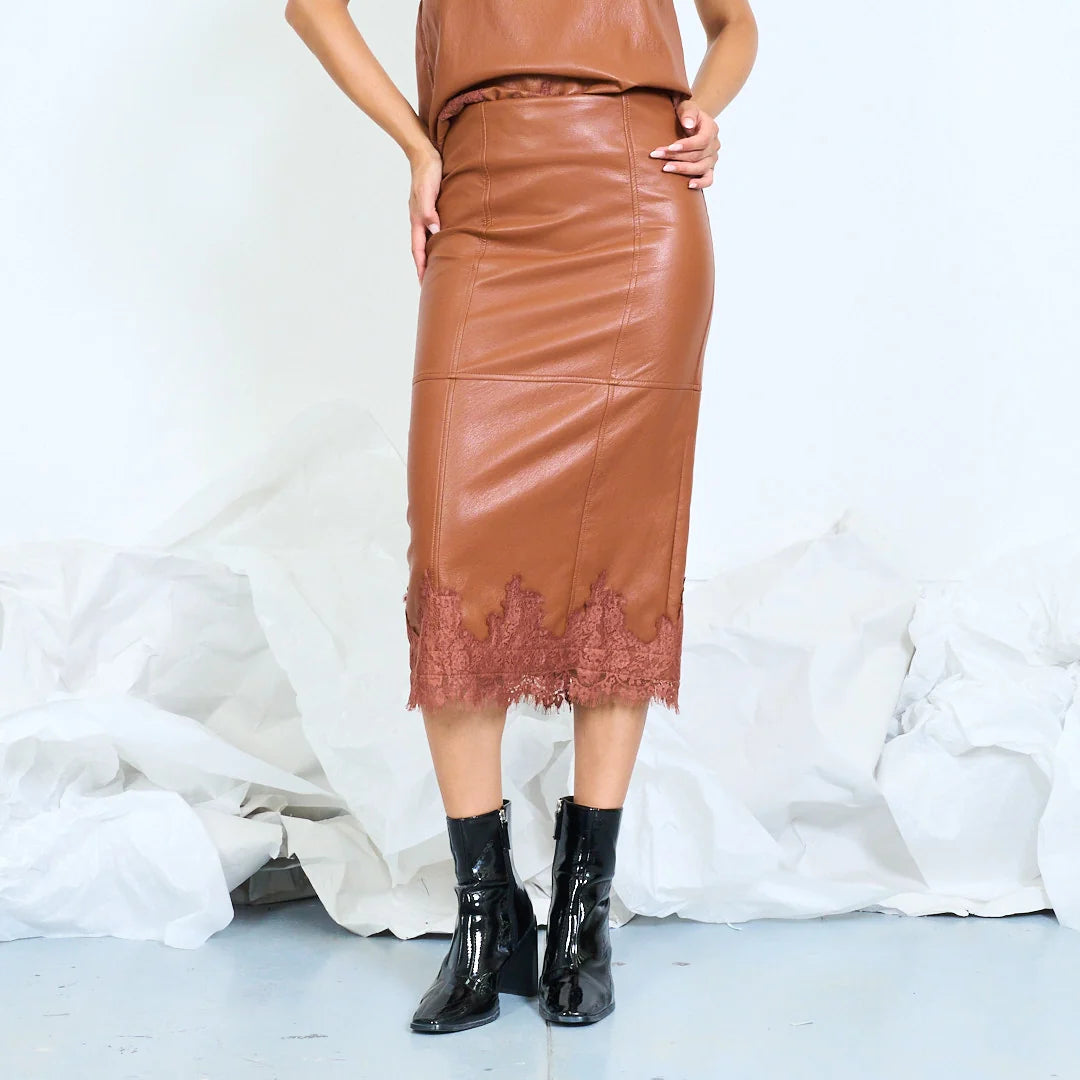 Faux-leather midi skirt with lace-trim hem