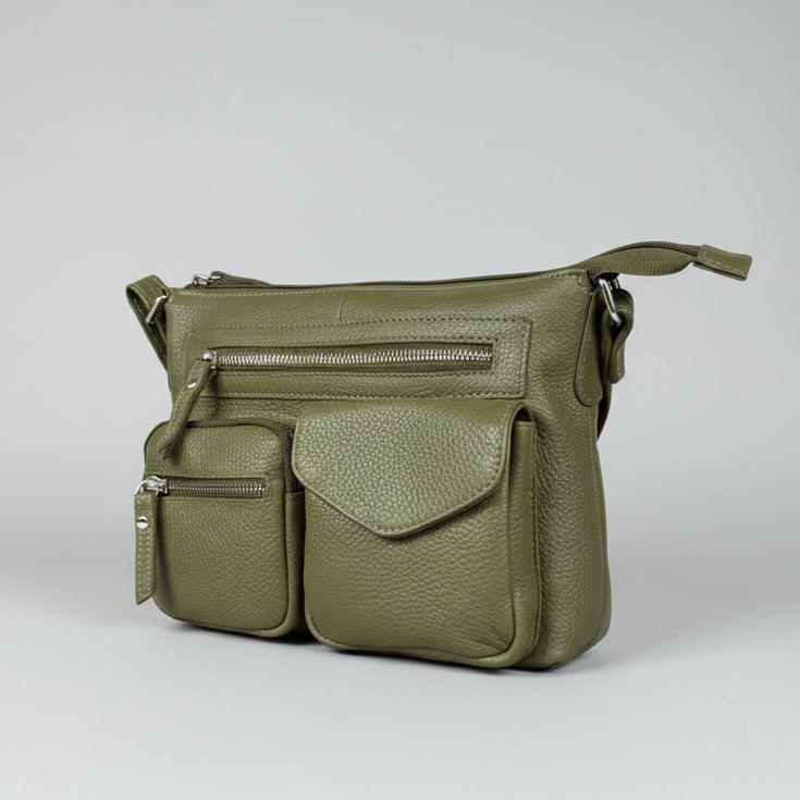 Greenwood Leather Multi-Pocket Crossbody Bag. Premium Pebbled Leather Handbag