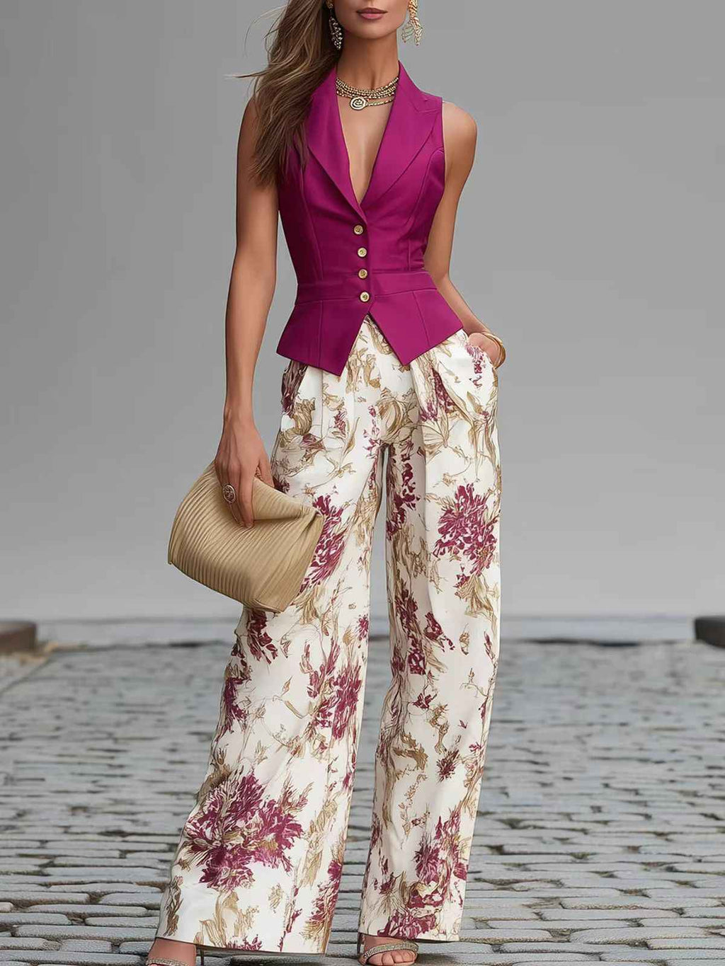 P Buttoned Vest Top And Summer Slimming Wide-leg Pants Two-piece Set For Women