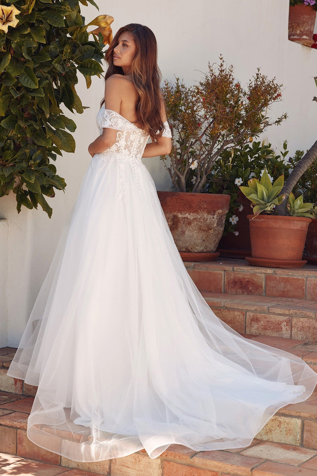 Off-Shoulder Wedding Gown with floral appliqué