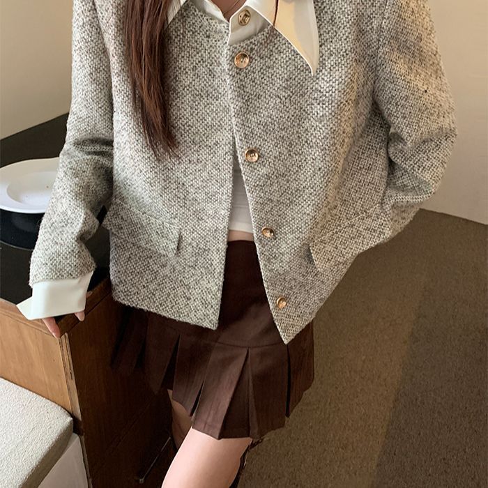 Women's Trendy Vintage Tweed Button-Up Long-Sleeve Top